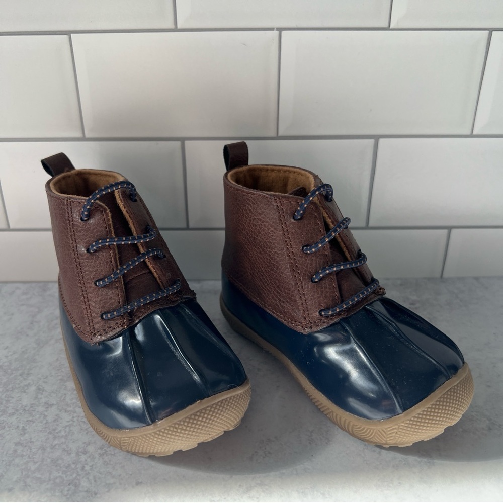 Size 4🦆 Baby Deer Navy Brown Duck Boot Shoes Patent Upper Slip On by Trimfoot Co